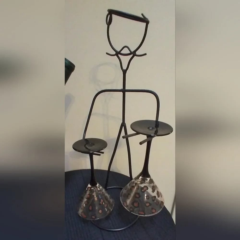 MCM Metal Wire Frenchman Sculpture Wine and Glass Bottle Holder Set